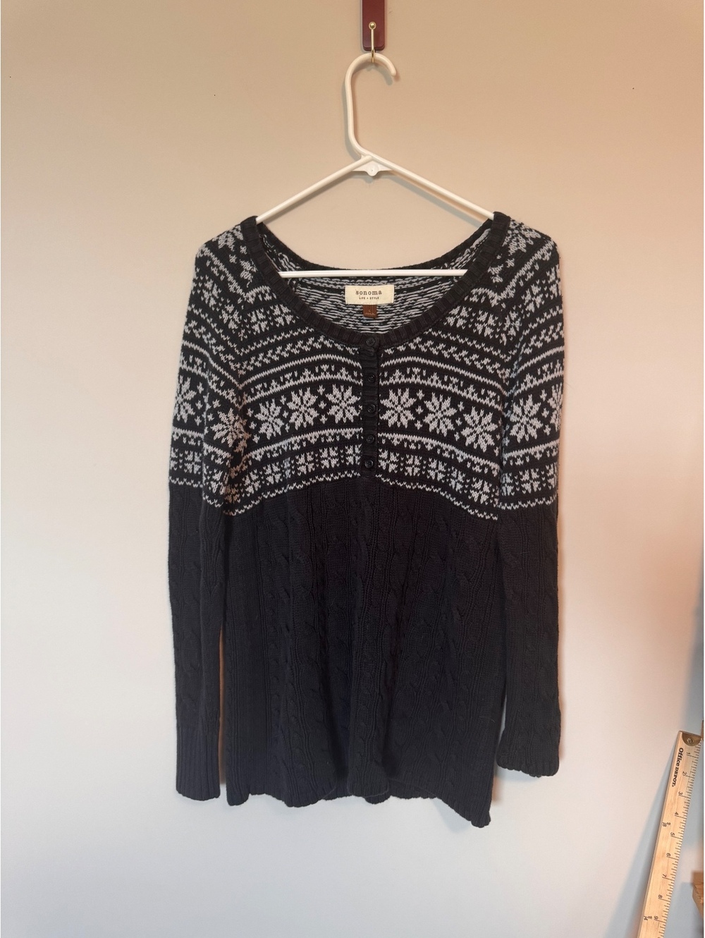 Y2K Babydoll Style Sonoma Navy & White Fair Isle Cable Knit Sweater size L